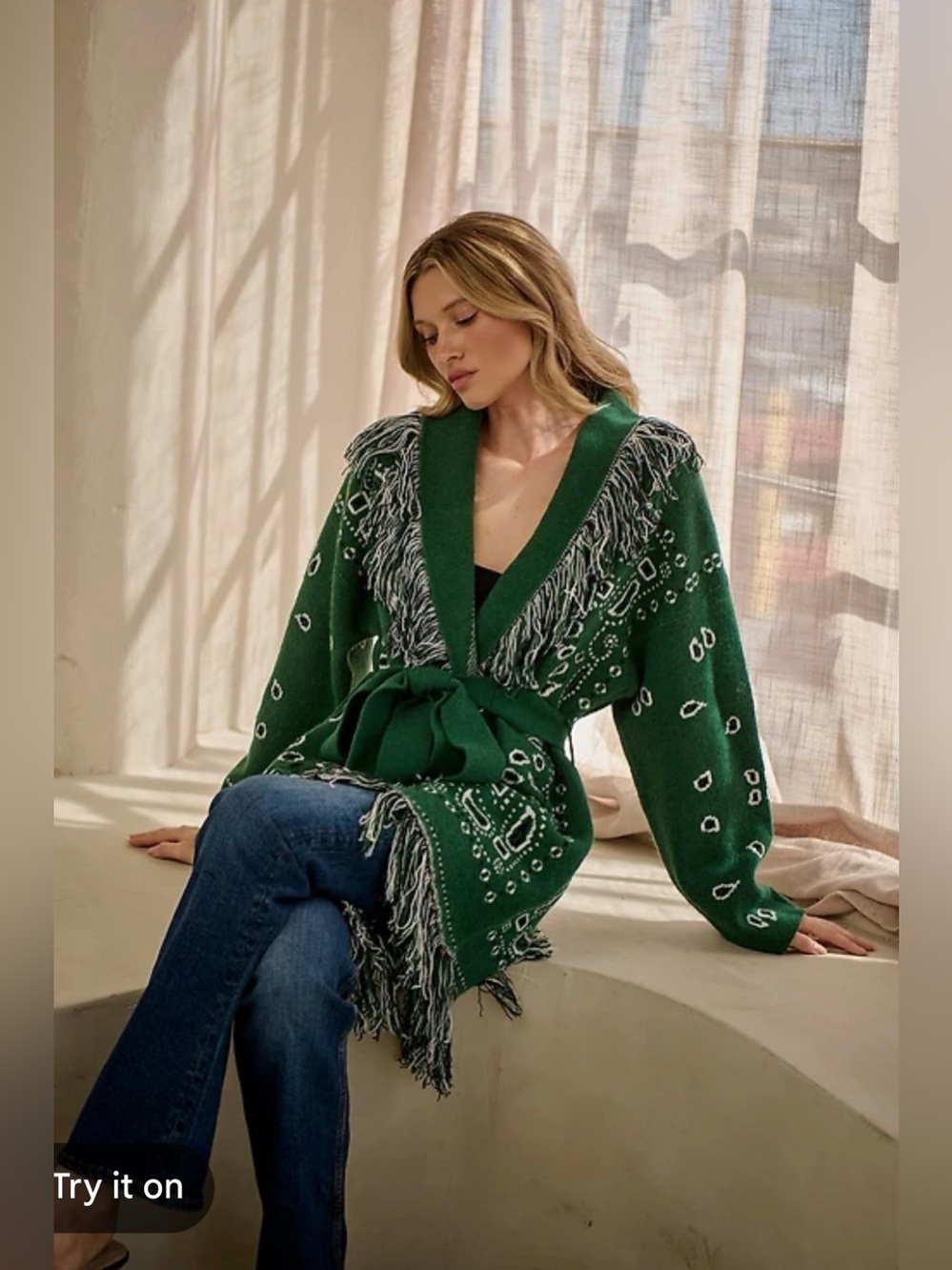 Sugarlips Bandana Fringe Shawl Collar Belted Open Front Wrap Cardigan